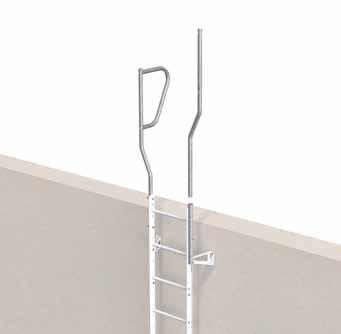 The handrail is installed to the side of the ladders with or without safety cage. The handrail is folded 100 mm to the side to give more space for passing.