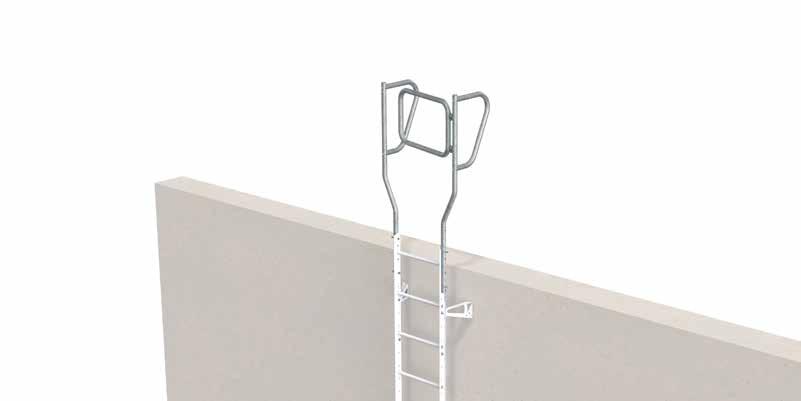 At the transition to the roof, the handrail is equipped with a hoop to bridge the gap to the roof surface or, alternatively, with a brace to the roof ladder.