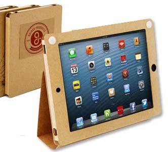 SPANISH: 11 inch I Pad with cover Cardboard I pad with flip cover that serves as a stand as well. Choose any good quality cardboard.