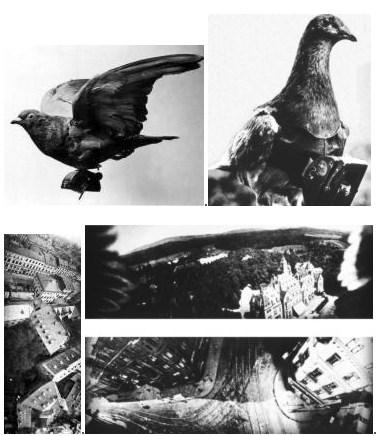 Word War I: Air photos for reconnaisance from fighter planes and pigeons Balloons and kites were easy to shoot down, but pigeons