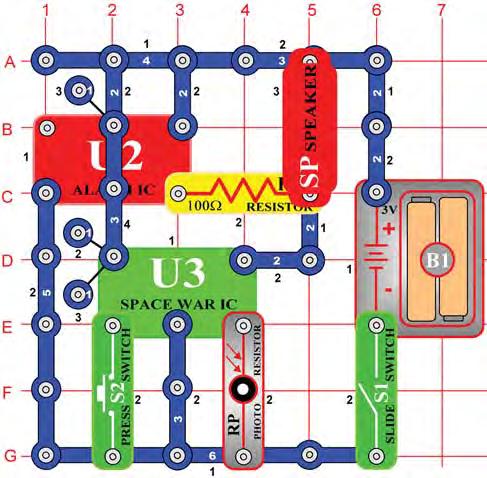 When you place a metal paper clip across the terminals as shown in the picture on the left, current flows from the batteries (B1) through the resistor (R1), through the LED (D1), and back to the