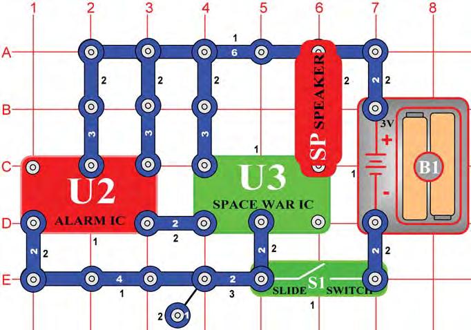You can shoot long repeating laser burst, or short zaps by tapping the trigger switch. Project #54 Space War Flicker OBJECTIVE: To build a circuit using the space war IC to make exciting sounds.