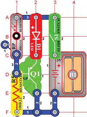 Turn on the slide switch (S1), the brightness of the LED (D1) depends on how much light shines on the photoresistor (RP).