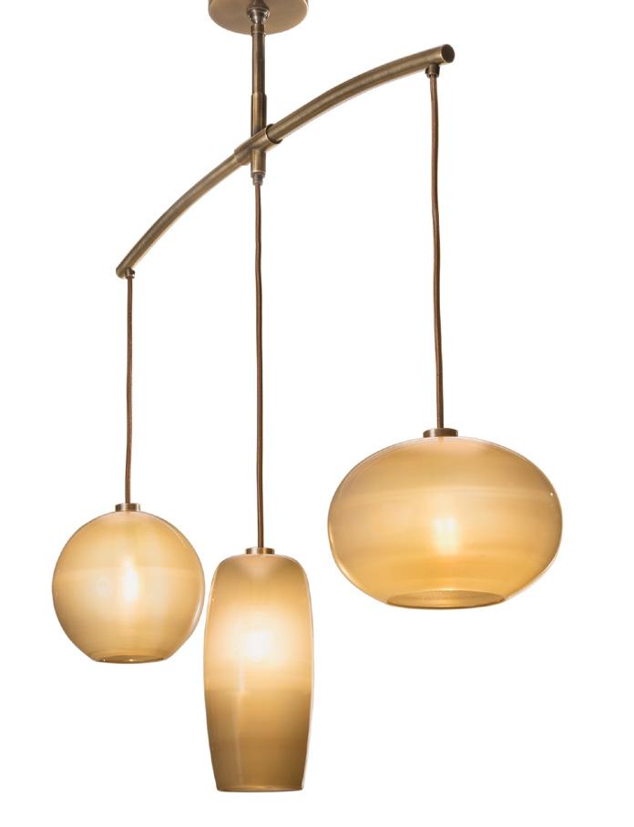 Constellation Sconce Shown: Rondels in Lustre, Primavera, Twist, and Wrap patterns, Gold, Plum, Tobacco, and Grey colors; Brushed Brass finish Arc Multiport Chandelier Shown: Globe, Barrel, and Onion