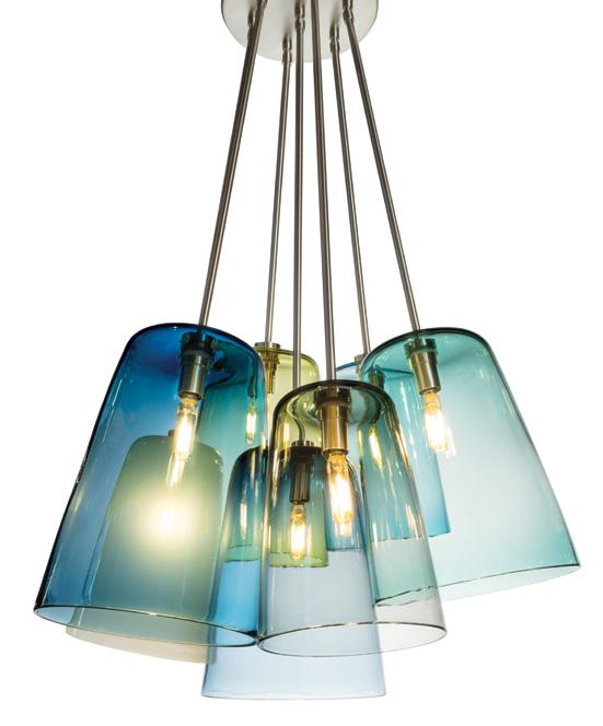 CONE CLUSTER CHANDELIER SILVER LINING CHANDELIER GLOBE CLUSTER CHANDELIER Cone Cluster Chandelier Shown: 7 Cones in various heights and colors in Smooth pattern with Brushed Nickel downrods.