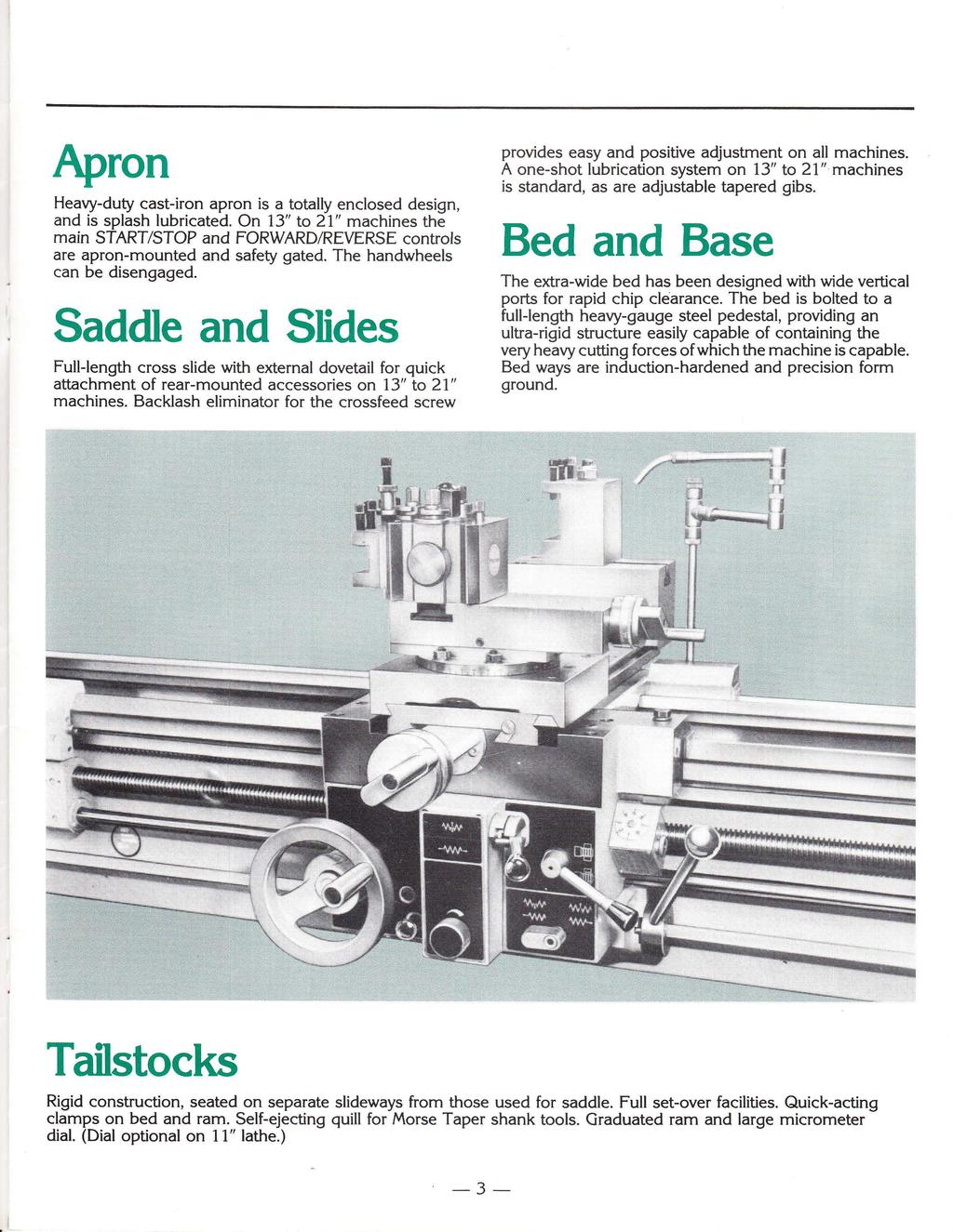Apron provides easy and positive adjustment on all machines. A one-shot lubrication system on 13 to 21 machines is standard, as are adjustable tapered gibs.