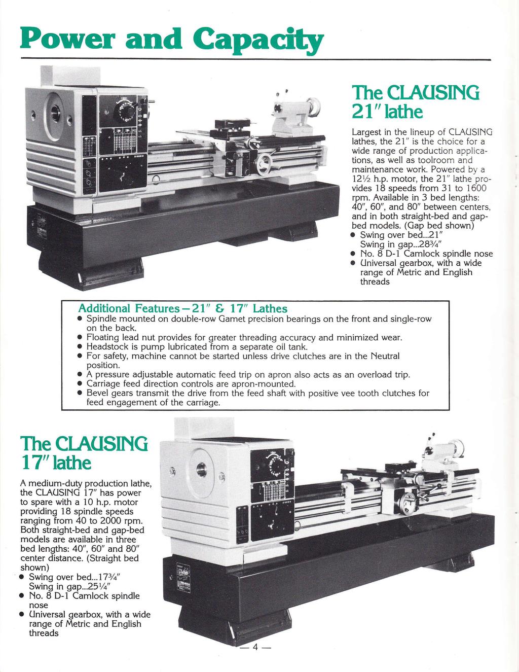 Power and Capacity The CLAUSING 21" lathe Largest in the lineup of CLAUSING lathes, the 21 is the choice for a wide range of production applications, as well as toolroom and maintenance work.