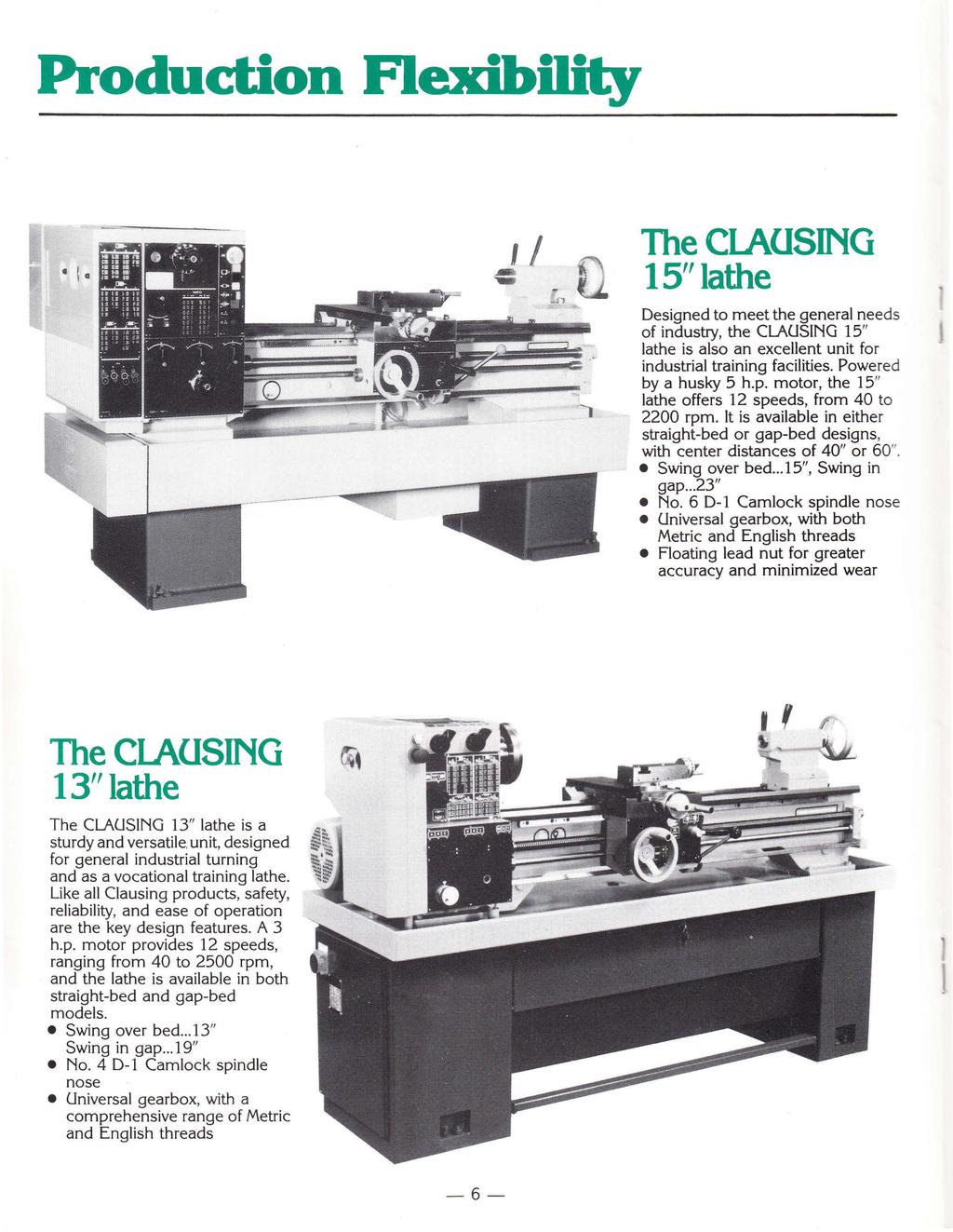 Production FlexibDity The ClAUSING lathe Designed to meet the general needs of industry, the CLAUSING lathe is also an excellent unit for industrial training facilities. Powered by a husky 5 h.p.