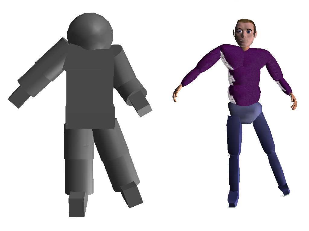 Fig. 2. The virtual agent Max with the proximity aura (left) and without the proximity aura (right). 17 proximity geometries were added forming a proximity aura (see Figure 2).