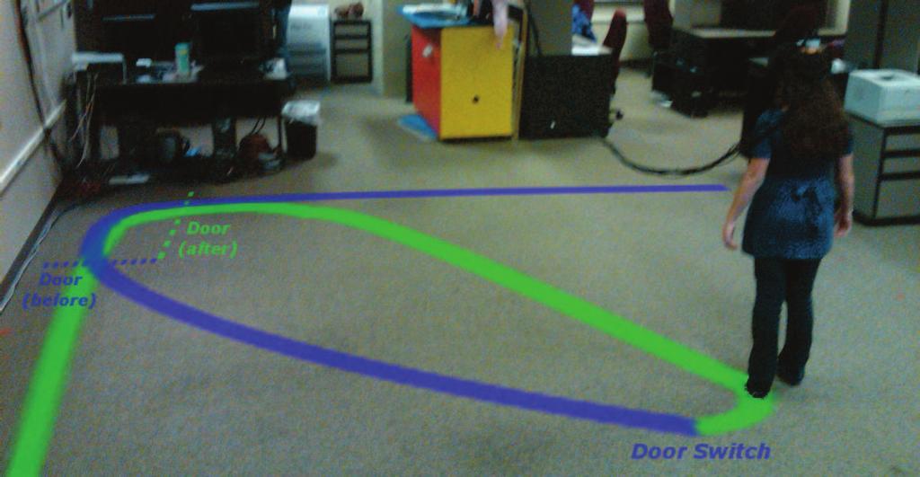 The path exiting the room after the scene change and continuing down the hallway is shown in green.