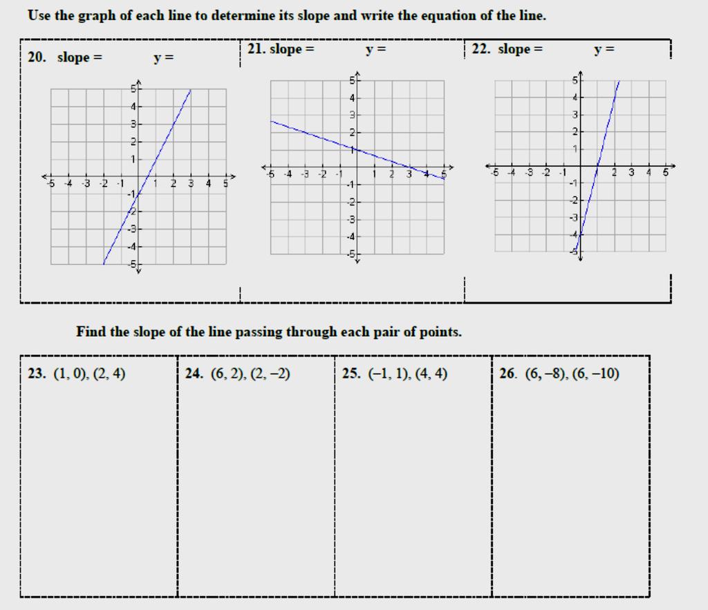 Page 63 CCM6+7+ UNIT 9 Graphing and Slope 27. The equation for the line in #20 is. 28. The equation for the line in #21 is. 29. The equation for the line in #22 is. 30.