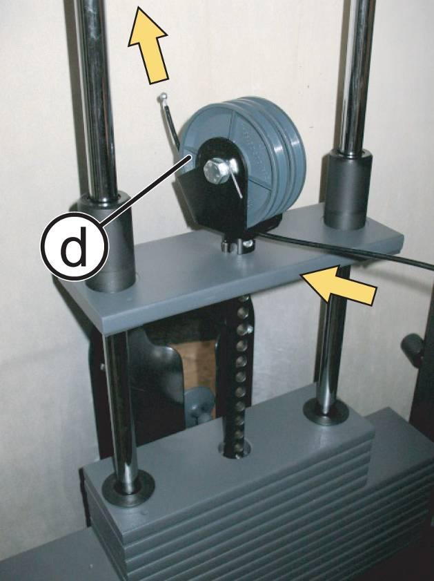 5. Pass the second end of the cable on the external pulley (d) of the cross, routing it from