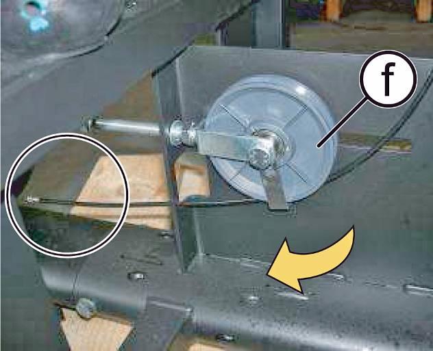 8. Pass the cable through the tension adjusting pulley (f), then pass it through the hole in the front panel, as shown in figure.