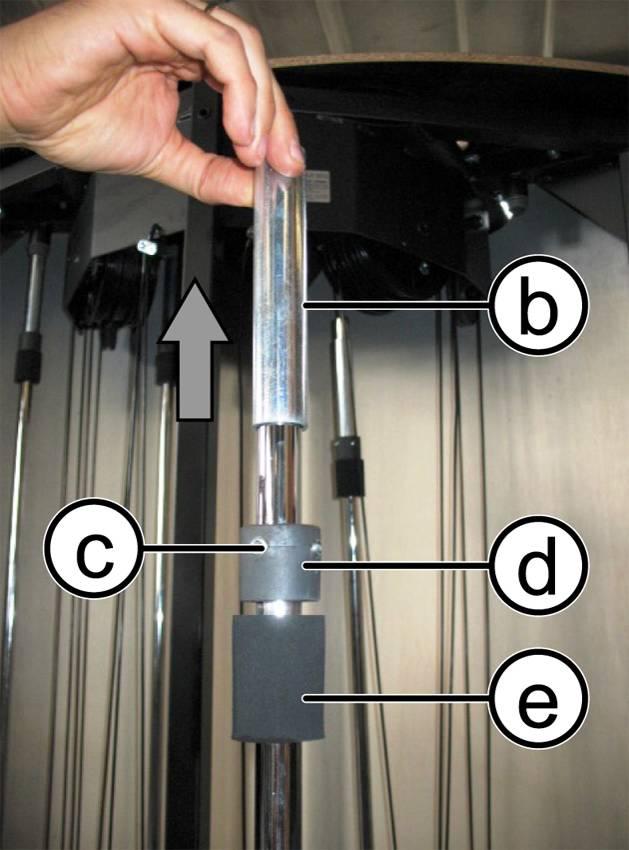 On each bar: 3. Remove the tube spacer (b) from the top of the bar, as shown in figure to side. 4. Back off the 2 grub screws (c) of the stops (d), using a 4mm hexagonal wrench, and remove the stops.