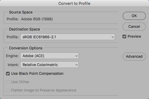 In the Source Space it shows the current profile (Adobe RGB in this example). If this already shows srgb you can click Cancel.