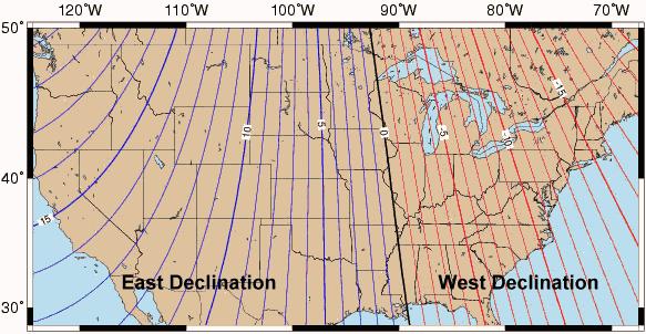 Magnetic Declination across the Continental US North Magnetic Pole Drift 1900 2005