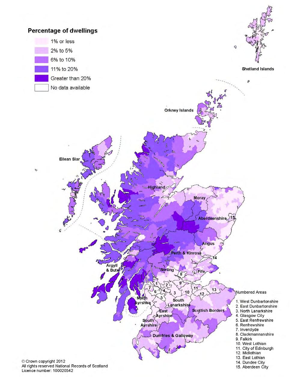 Figure 9.11 shows the percentage of dwellings which are second homes in each data zone in Scotland.