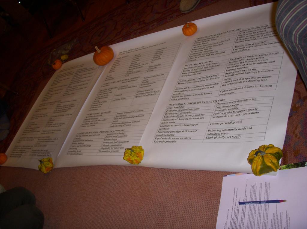 Figure 6: Tables of values shown displayed on the floor during discussion of a new proposal. Garden produce used to hold down the pages.