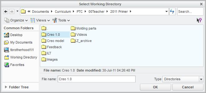 Working directories and saving your work PTC Academic Program The Working Directory is the location for opening files from and saving new files to.