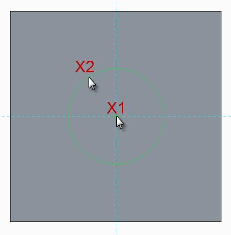Move the cursor away from the center and click at X2 to complete the circle. Middle-click in the graphics area to deselect the circle tool.