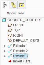 The new Extrude feature is added to the bottom of the model tree. 11. Saving your work: In the Quick Access toolbar, click Save.