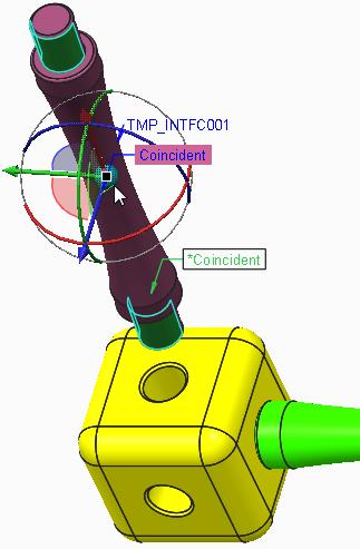 3. Before selecting assembly references, use the 3D dragger to reorient the strut: Click and drag the blue ring of the 3D Dragger so that the end of the strut with the *Coincident