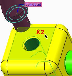 Selecting assembly references from the corner cube: Click to select the cylindrical surface of the hole X1 on the corner cube.