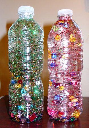 Sensory Bottle Instructions Plastic water bottle Warm to hot water Glitter Glitter glue and/or clear glue (helps separate the glitter) Different colors of plastic jewels Step 1: Pour warm to hot