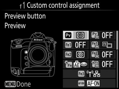 f: Controls f1: Custom Control Assignment G button A Custom Settings menu Choose the functions assigned to camera controls, whether used individually or in combination with the command dials.