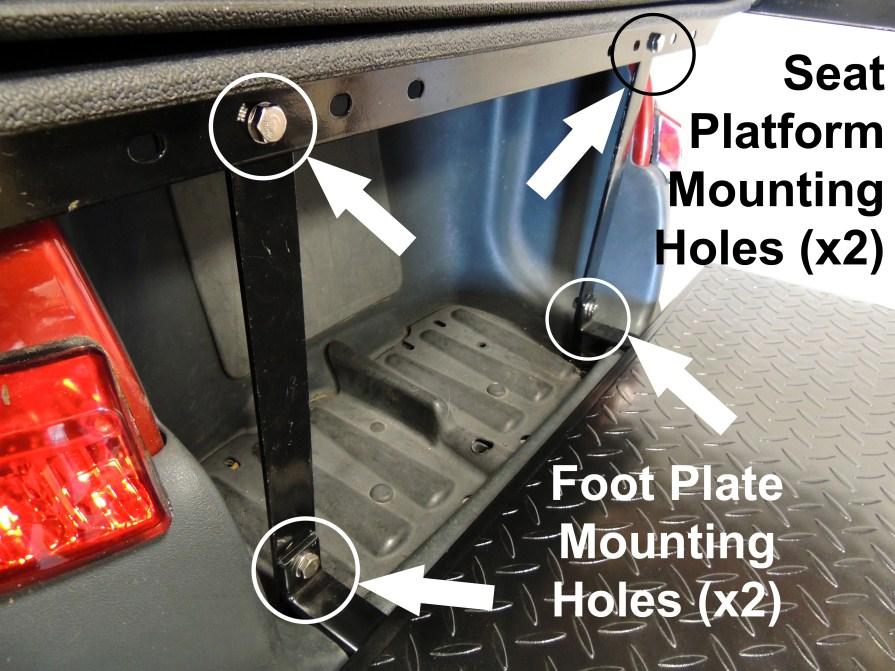 Align the mounting holes on the Foot Plate mounting tabs to the mounting holes on the Vertical Seat Platform Support Brackets. 2.
