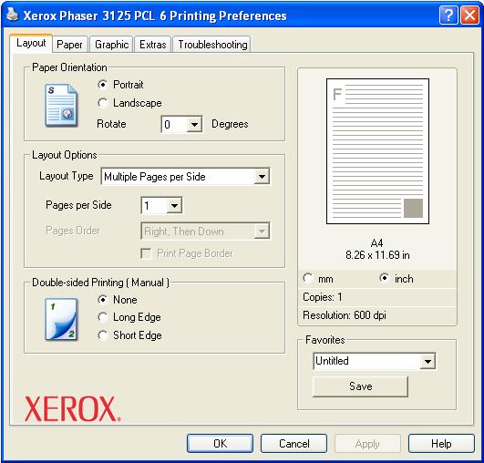 Print Printer Driver (PCL 6) Manual Duplex Selections of (1) None (2) Long Edge (3)