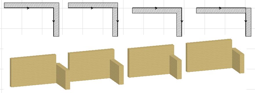 Modeling Freedom in ArchiCAD 10 The illustration below shows the four possible intersection scenarios for two Walls having different heights, joined in an L-joint.