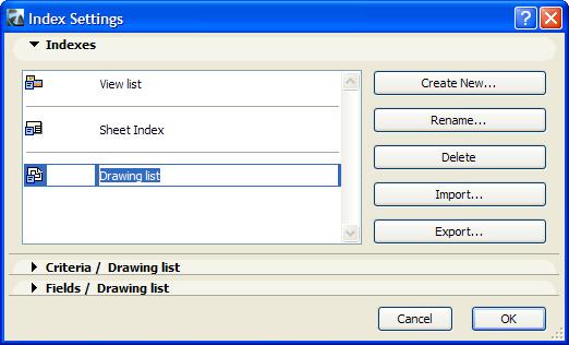 Click the Create New button to create any number of new Project Index schemes for listing.