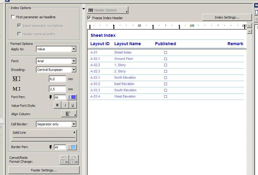 Integrated Design and Documentation Index Options and Format Options are available to the left of Index View.