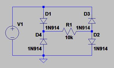 Experiment: Repeat the experiment above but first build the full-wave rectifier shown in Figure b-4. Note that this circuit is the reason why there are four 1N914 diodes in your kit.