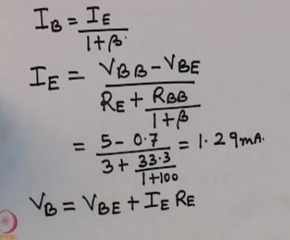 (Refer Slide Time: 24:40) Just like the previous circuit we now have an equivalent voltage source VBB this remains = VCC this is RC this is RE and this is RBB this