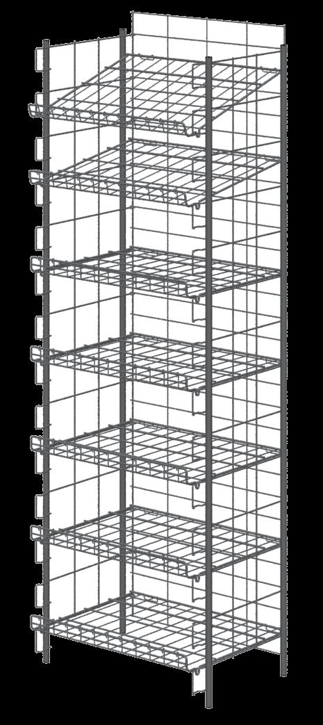 TUBULAR DISPLAYS X197-24 X197-24BK X-197-36 X197-48 62M2 72 All shelves can be positioned flat and/or angled Wire spacings on 2 5/8