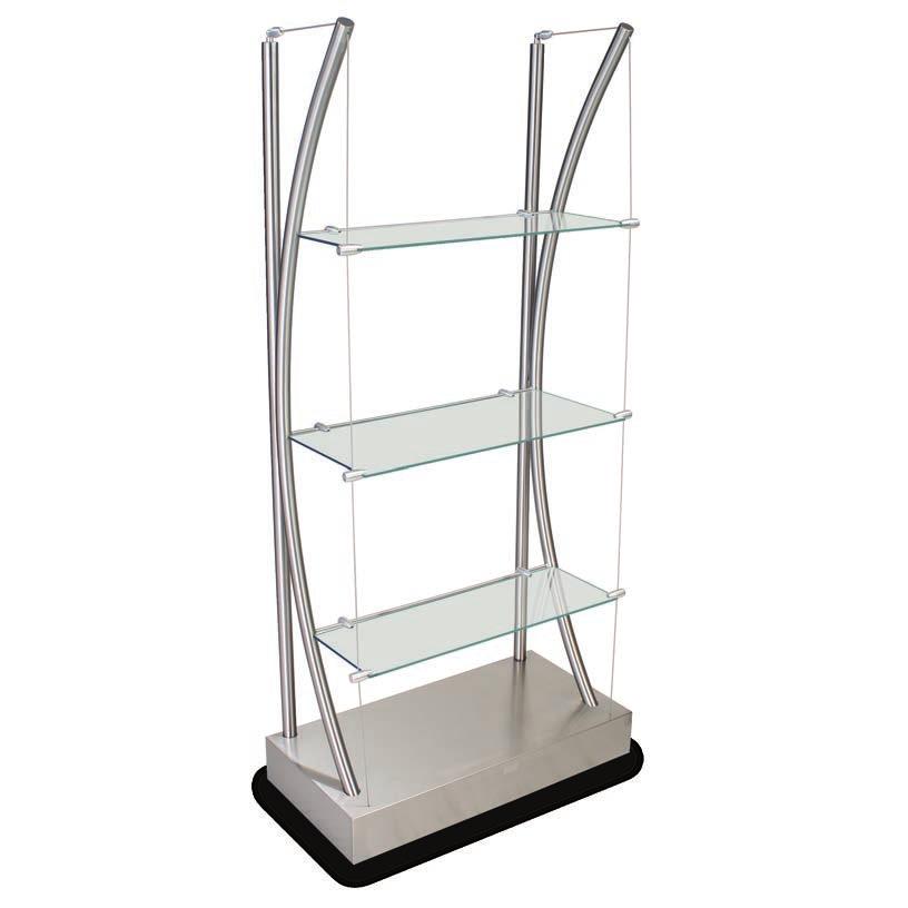 It s easy to become enamored with the sleek curved frame contrasted by the dramatic illusion of floating glass shelves.