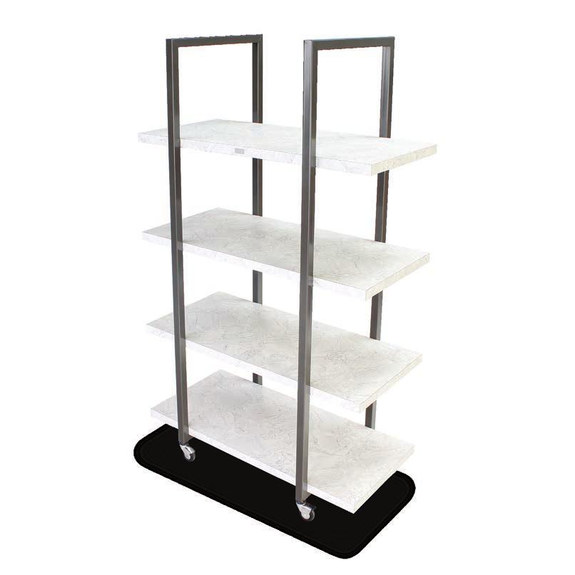 Spacious fixed floating shelves Shown with Polar Cap textured laminate shelves TheQuad The simple and well-balanced design of The Quad Rolling Display Tower is the epitome of the maxim