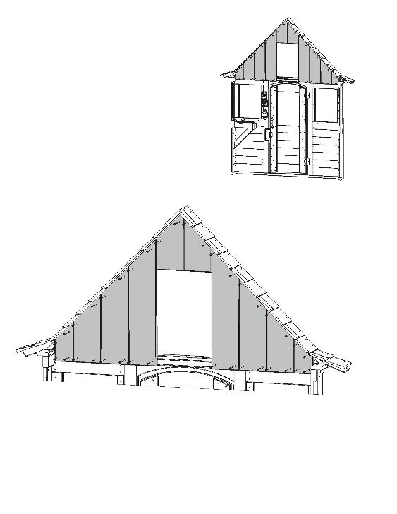 Step 9: Gable Assembly Part 1 A: From inside the assembly, tight to the Roof Assembly and centred at the peak, attach 2 (091) Gable End A with 2 (S2) #8 x 1-1/2 Wood Screws per board. (fig. 9.1 and 9.