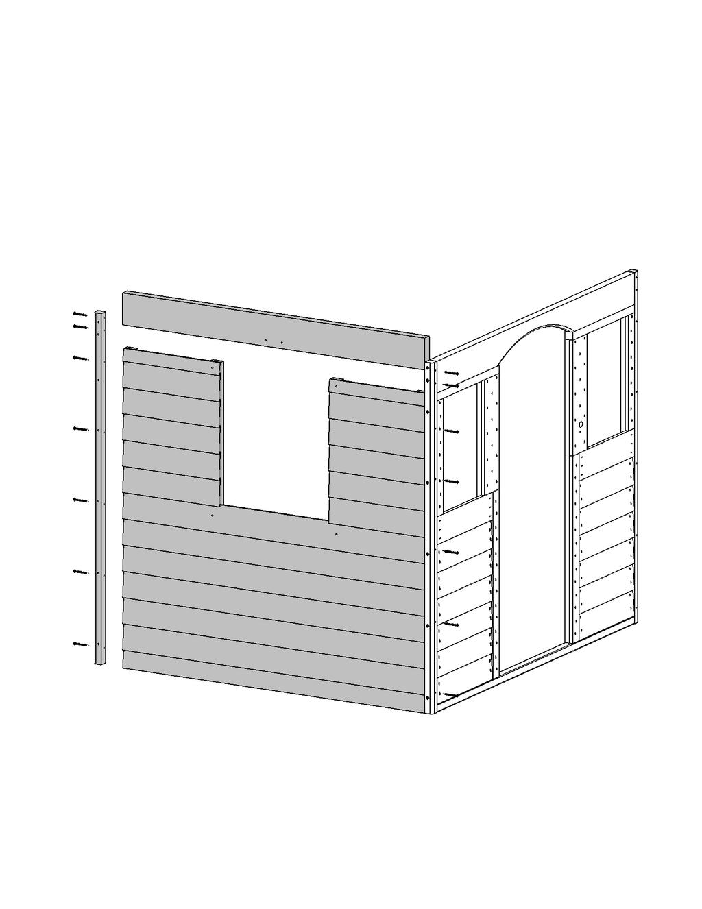 Step 5: Window Wall Assembly A: Place (0324) Shutter Wall Panel tight to (0369) Corner Trim on (0322) Front Left Wall so the inside board is flush to the inside edge of (0369) Corner Trim.