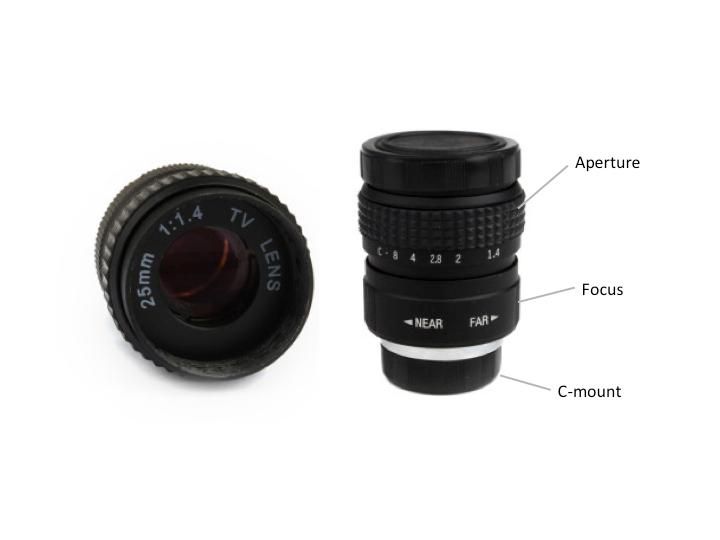 Figure 3: The C-mount 5-mm camera lens. The lens screws into the camera body. The designation C on the aperture ring means closed.