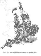 net Squares selected were on lowland farmland in England arable or pastoral dominated. In 2005 almost 1000 squares were surveyed by a team of ca 24 professionals, and almost 1500 by BBS volunteers.