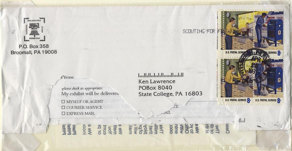 Damaged in the mechanical mail handling Scouting for food spray-on postmark on cover from Pittsburgh, PA, Apr.