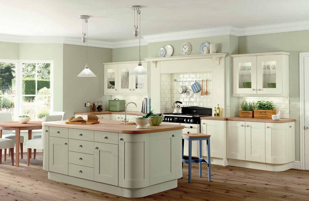 ROCKFORT IVORY & CRANBROOK SAGE Shown with Solid Oak worktop and Natural Iron fluted knob and backplate