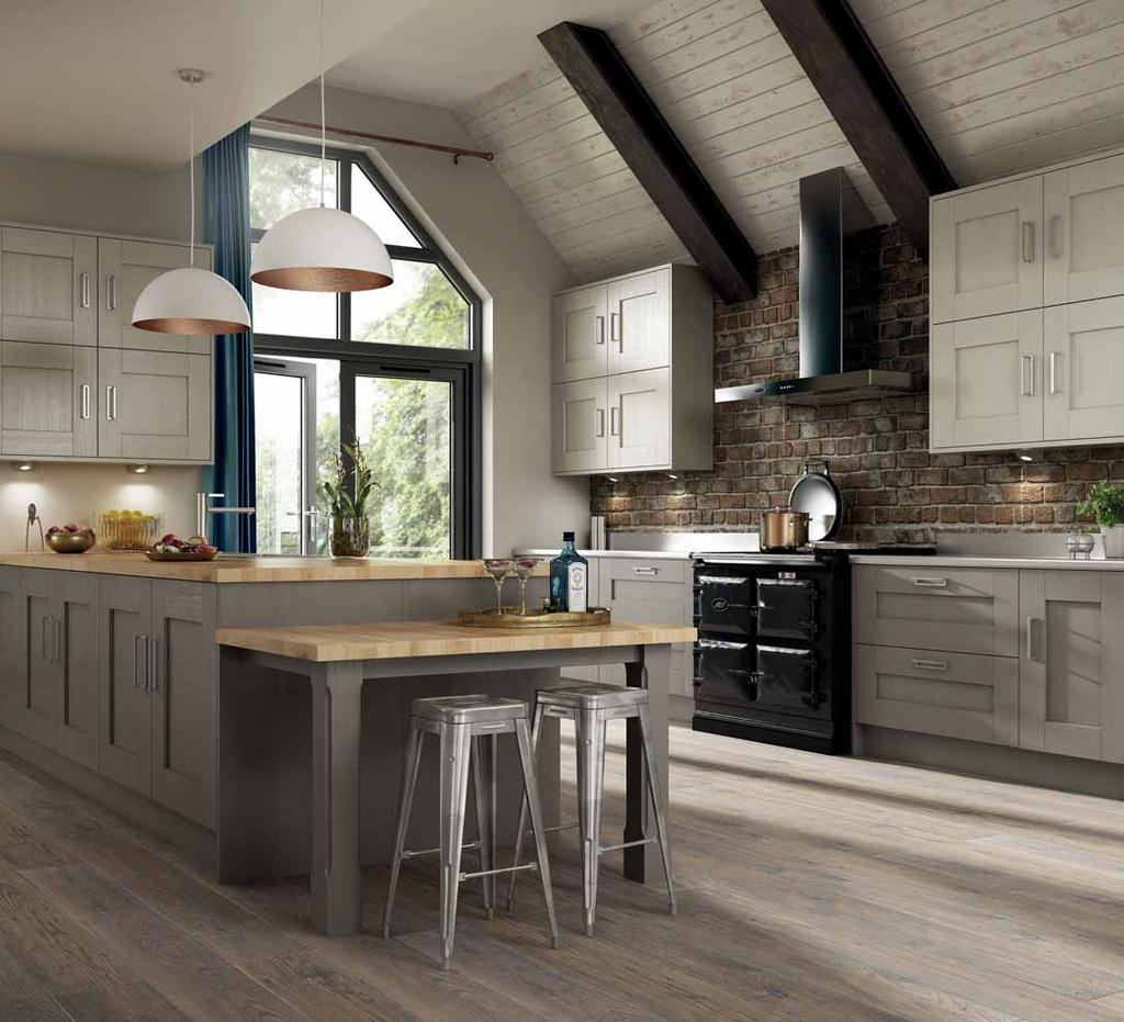 AUSTIN PAINT TO ORDER PUMICE & CLAY Shown with Natural Timber Heart Ash & Stainless Steel worktops and Eight by Eight Nickel