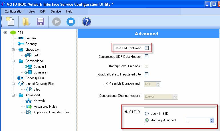 MNIS and DDMS Client Configuration 24 3. It is recommended to clear the Data Call Confirmed field in the Advanced section and to specify the identifier in the MNIS LE ID field explicitly.