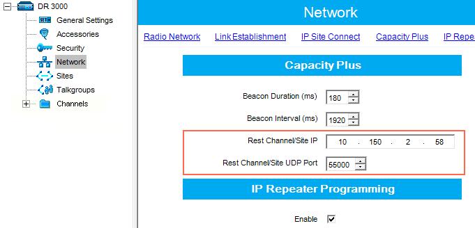 7 In the UDP Port field specify the UDP port of the repeater. The default value is set to 50000. 3. In the same Network tab specify Rest Channel/Site IP and Rest Channel/Site UDP Port.