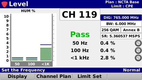 digital SC-QAM channel Provides Pass/Fail results for Level, Pre-BER, Post-BER, and MER measurements when compared against