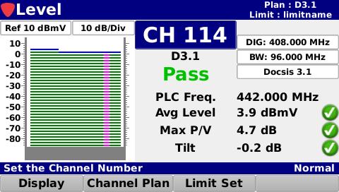 SQ-QAM Carriers Shows a bar graph for the level of the selected digital SC-QAM channel Provides Pass/Fail results for Level,